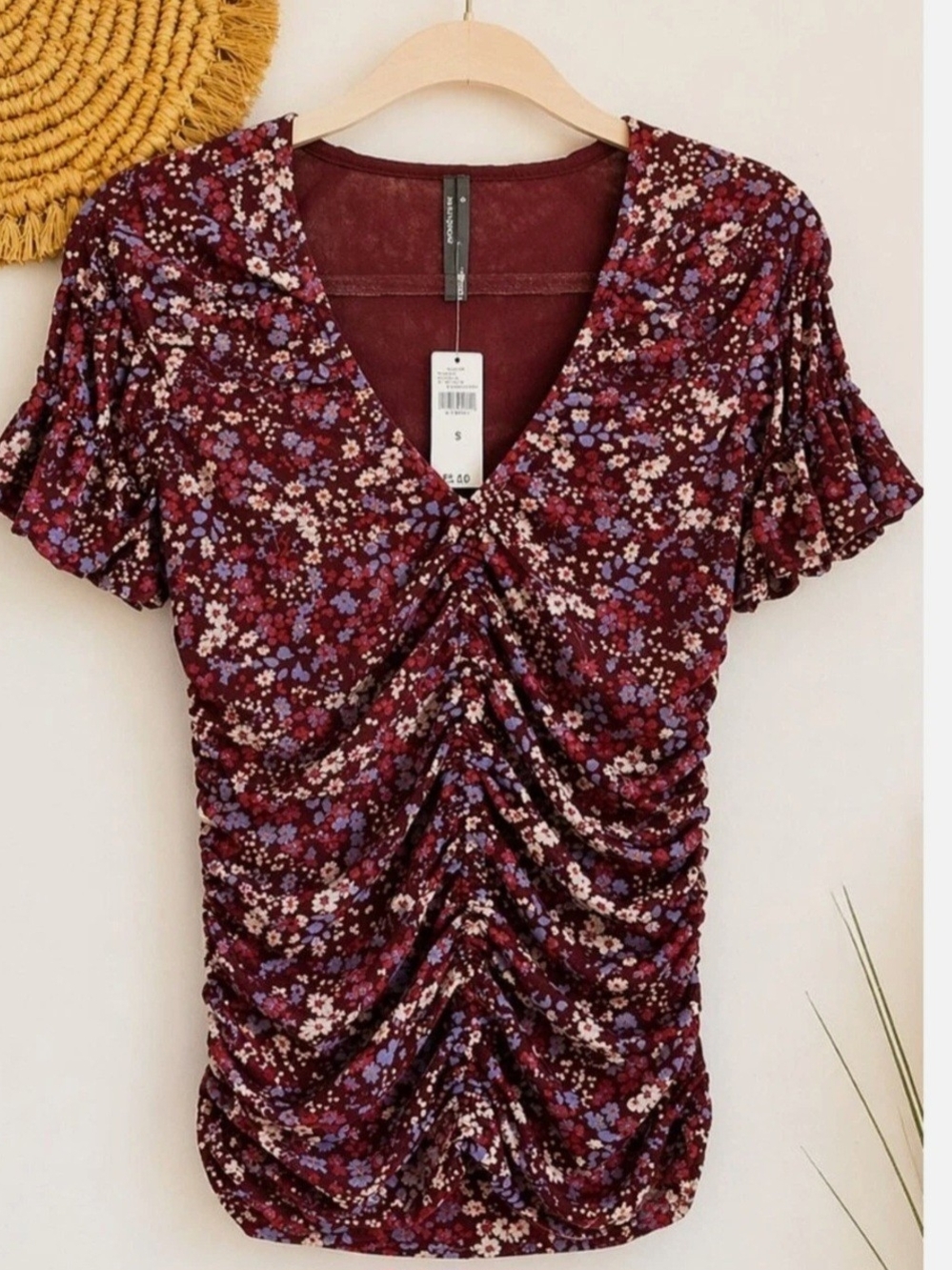 Anthropologie Burgundy Floral Ruched V-Neck Short Sleeve Top